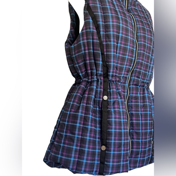 NWT Erin London Puffer Vest Medium Plaid Purple Black Zip Front Adjustable Waist - Picture 2 of 13